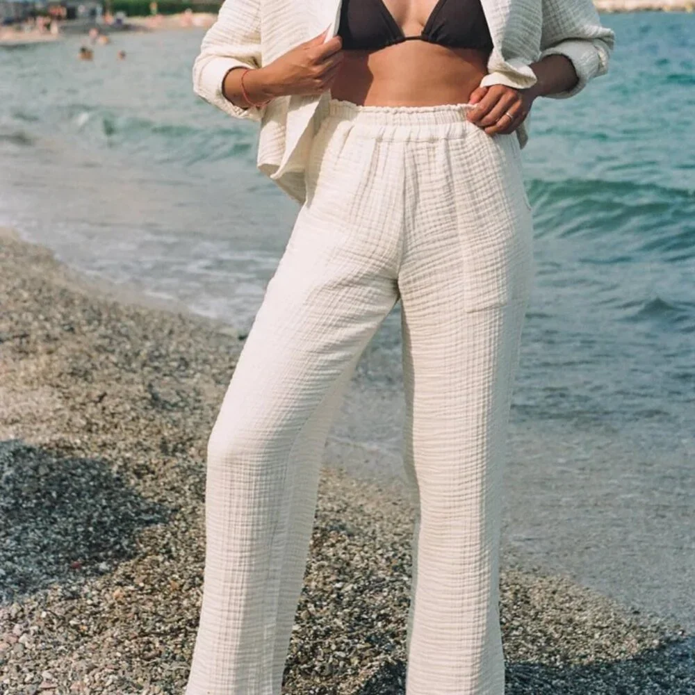 100% Cotton UPF 45 Wide Leg Gauze Pants in Natural from Daise - Picture 2 of 5